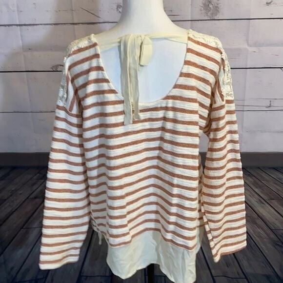 Doe Rae Shirt Womens Large Ivory Orange Striped Lace Boho Boxy Rayon Textured - Picture 7 of 12